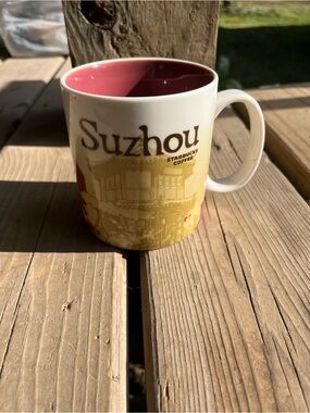 Starbucks Suzhou Ceramic Mug in Pink and Cream with Yellow Artwork